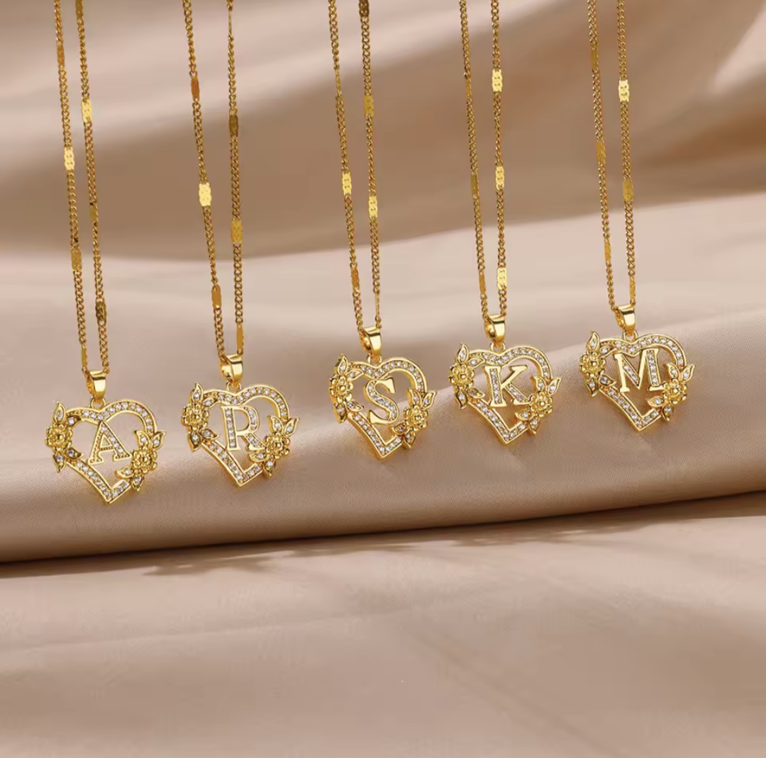 Gold Heart Initial Necklace