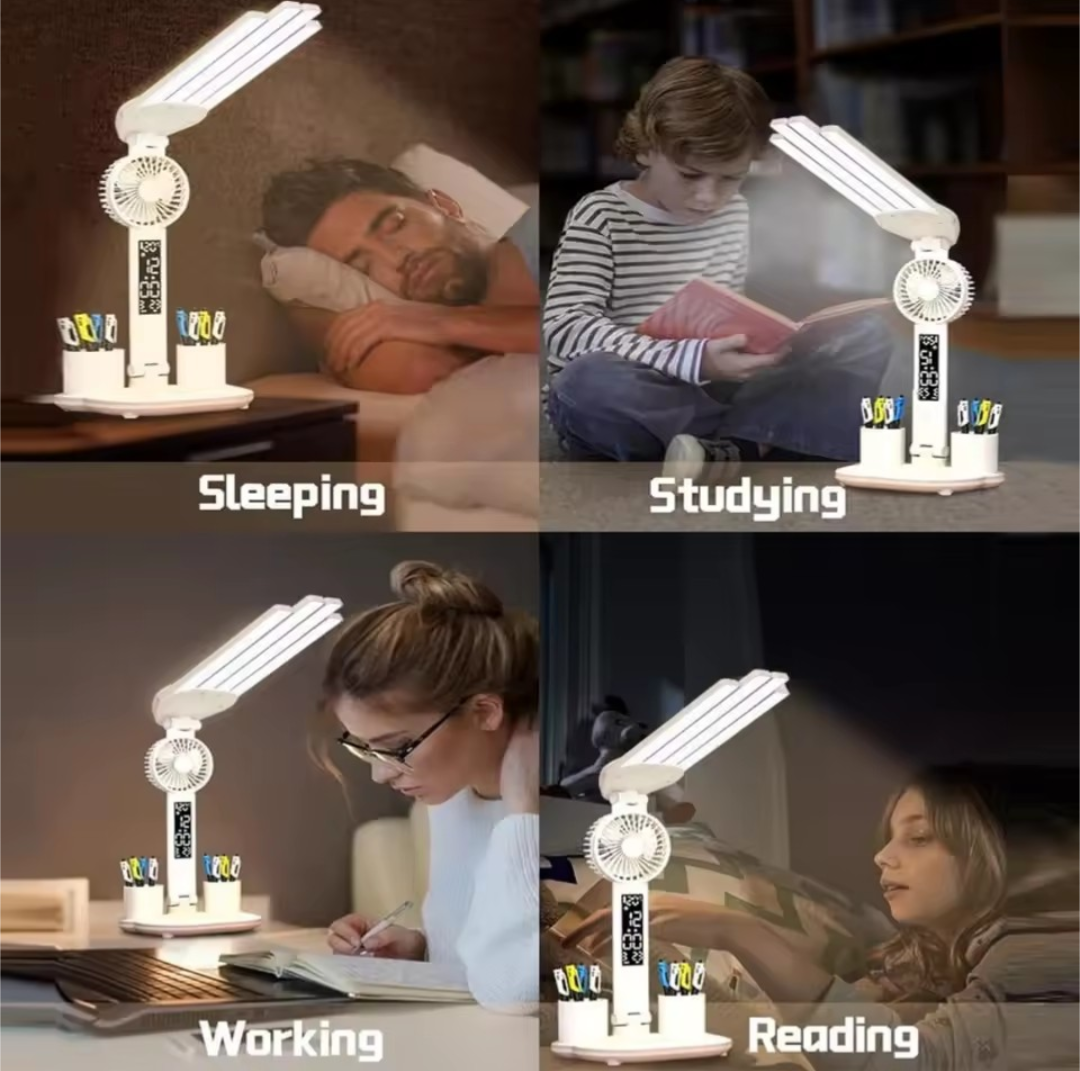 3-Color LED Table Lamp with Fan & Clock