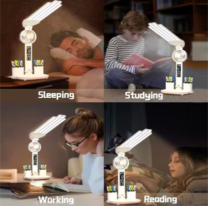 3-Color LED Table Lamp with Fan & Clock