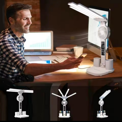 3-Color LED Table Lamp with Fan & Clock