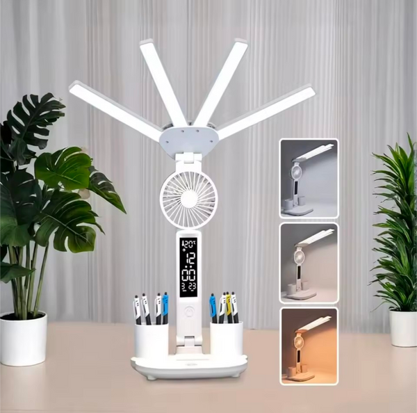3-Color LED Table Lamp with Fan & Clock