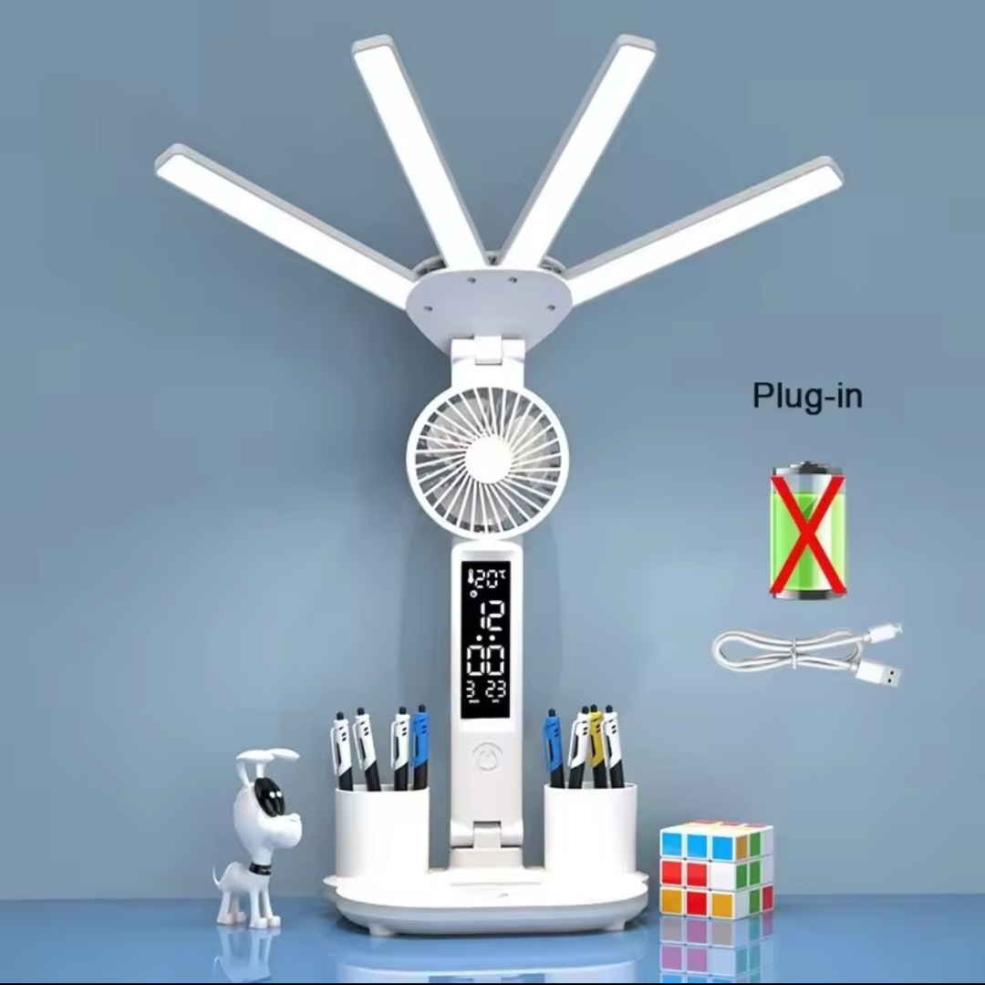 3-Color LED Table Lamp with Fan & Clock