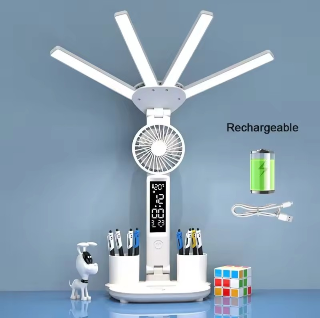 3-Color LED Table Lamp with Fan & Clock