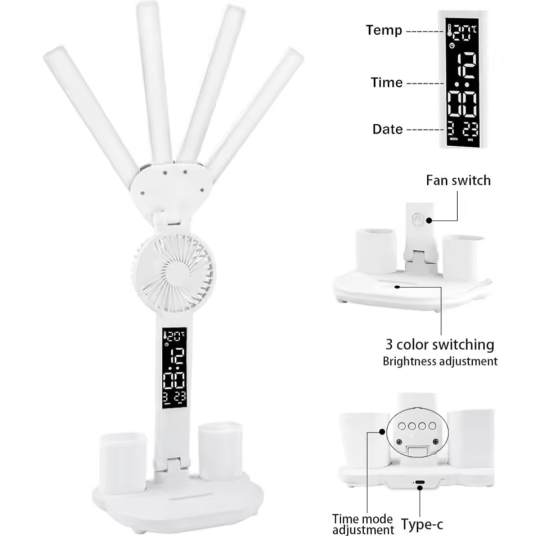 3-Color LED Table Lamp with Fan & Clock