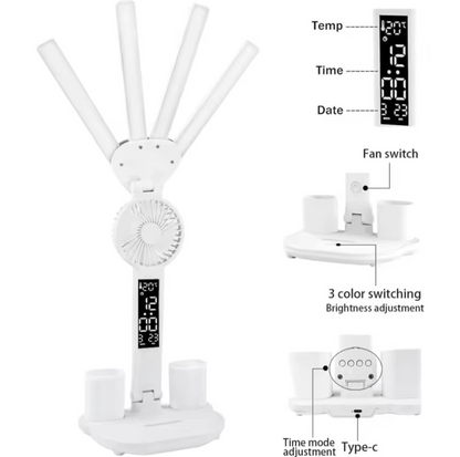 3-Color LED Table Lamp with Fan & Clock