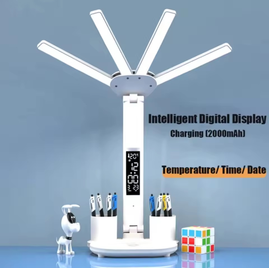 3-Color LED Table Lamp with Fan & Clock