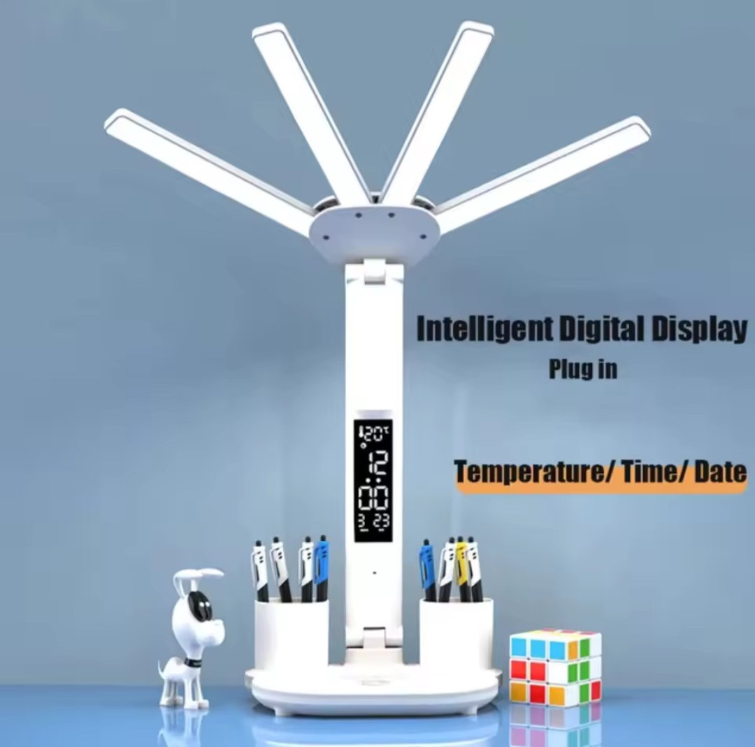 3-Color LED Table Lamp with Fan & Clock